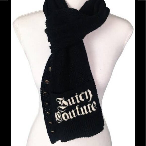 Juicy Couture NEW Knit Scarf Logo Gold Buttons Soft Warm Black White Rectangle - Picture 3 of 14